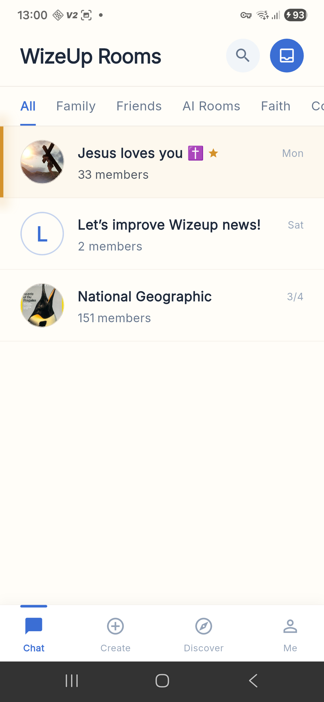 Chat screen showing the Me tab in the bottom navigation bar
