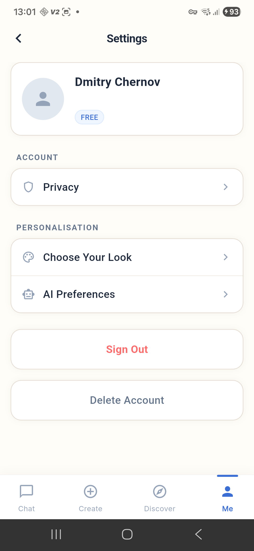 Settings screen with the Delete Account button at the bottom
