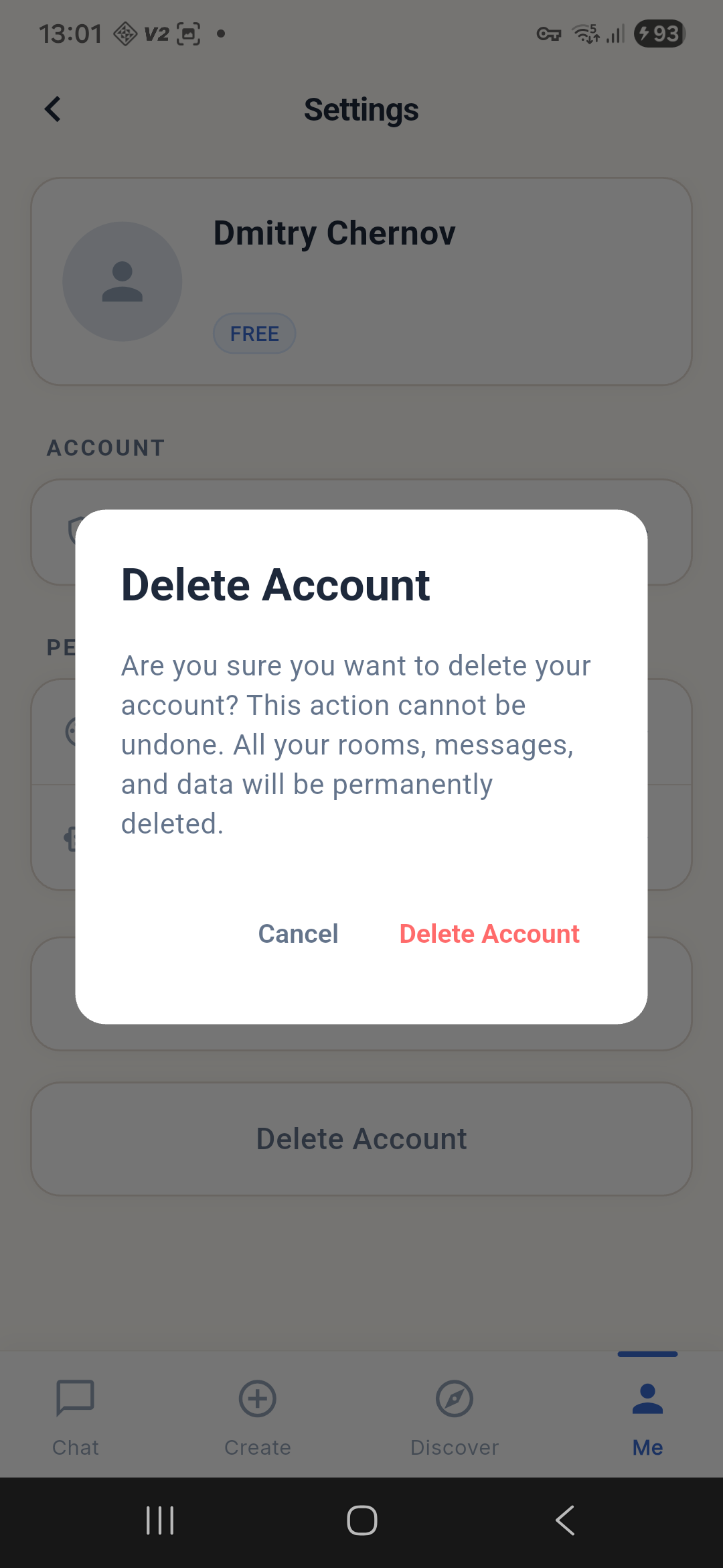 Delete Account confirmation dialog with Cancel and Delete Account buttons